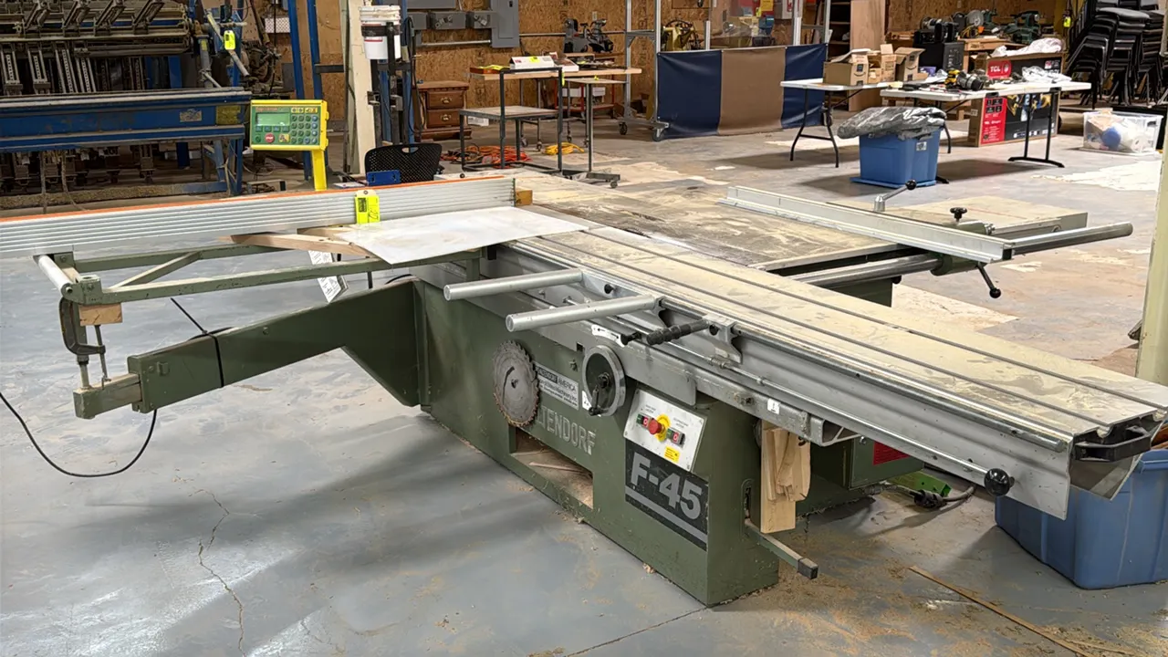 Altendorf F-45 sliding table panel saw. Features TigerStop digital automated fence system, scoring saw unit, sliding carriage with outrigger support t