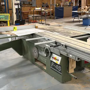 Altendorf F-45 sliding table panel saw. Features TigerStop digital automated fence system, scoring saw unit, sliding carriage with outrigger support t