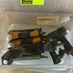 Senco and Bostitch pneumatic nail guns. Assorted models and styles with pneumatic quick-connect air fittings. Includes plastic storage tote. Contents 