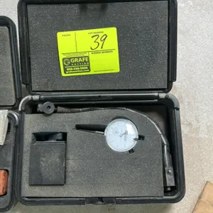 Chicago Brand 56413 flex arm indicator test kit. Includes 0-1" dial indicator with .001" graduations, flexible arm, and magnetic on/off base. Housed i