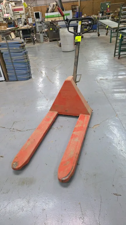 JET HLPT-2745 manual high lift pallet truck. Features 27" x 45" forks, scissor lift mechanism, manual hydraulic pump handle, and a 2,200 lb capacity.