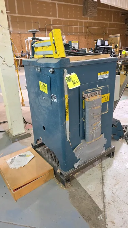 Whirlwind 1000 pneumatic up-cut chop saw. Features top material clamp/guard, Telemecanique starter control box, dust collection port, roller extension