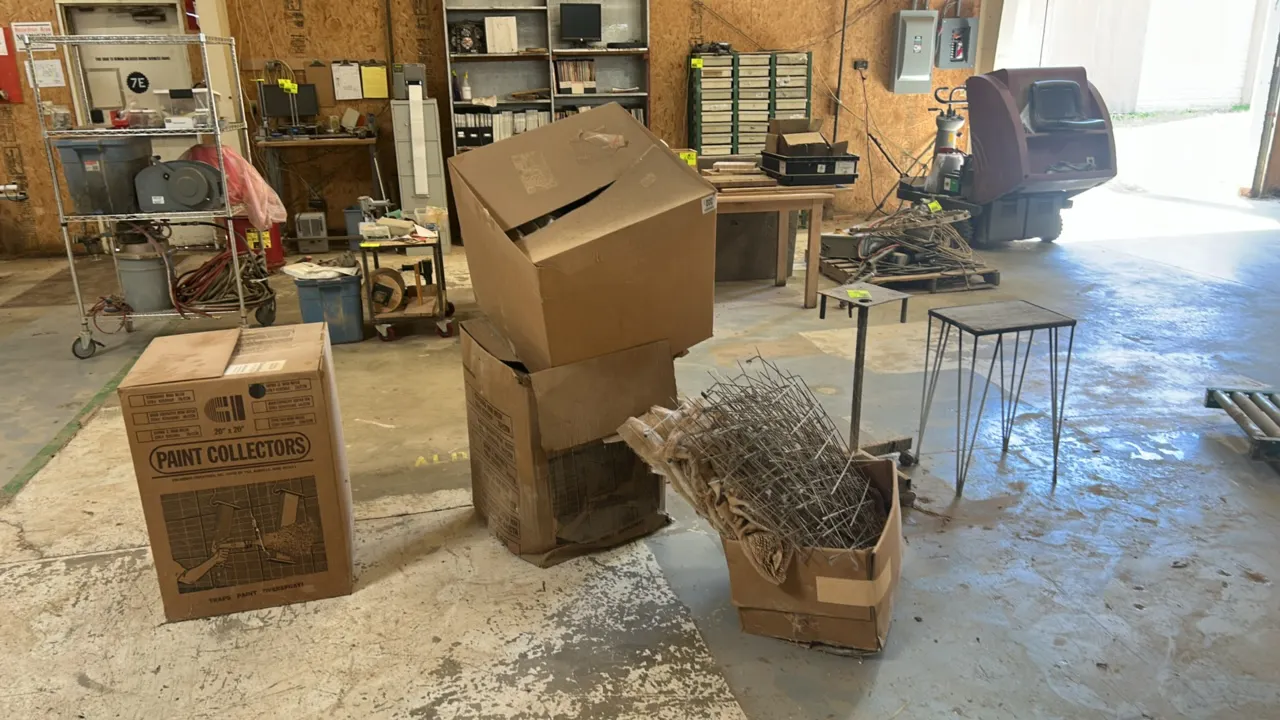 Assorted shop supplies and stands. Includes (2) metal utility stands (one rolling, one hairpin leg), wire racks/grids, Air Handler pleated air filters