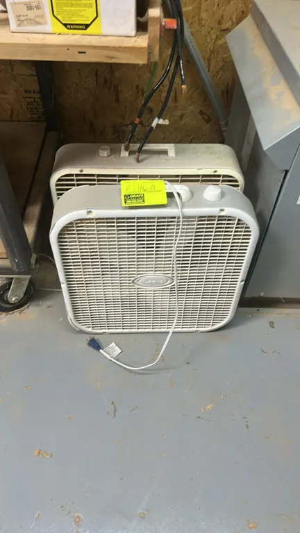 Lasko poly floor box fans. Features durable plastic housing, integrated top carry handles, and top-mounted rotary control dials. Electrical: 120V cord
