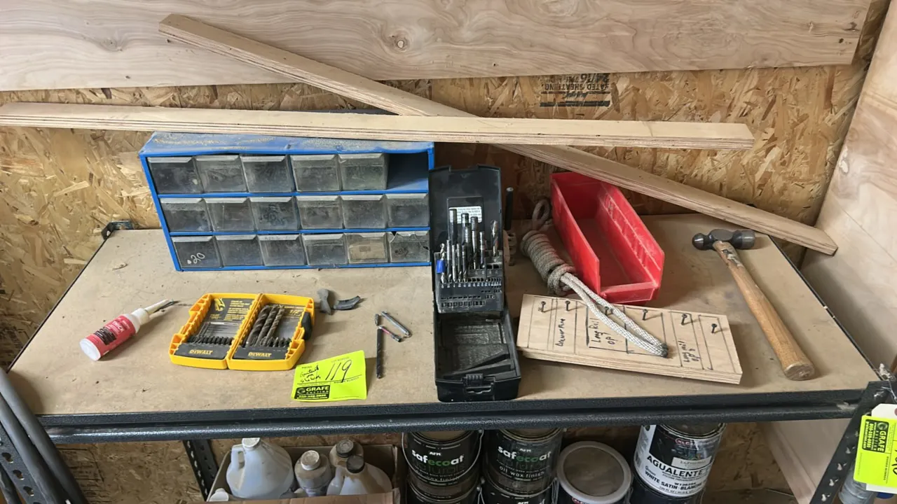 Assorted workshop and finishing supplies. Includes AFM Safecoat Naturals oil wax finish cans, M.L. Campbell Agualente Plus coatings, assorted drill bi