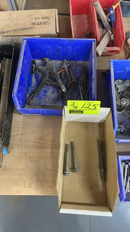 Assorted hand tools, hardware, and shop supplies. Includes screwdrivers, pliers, files, dead blow mallet, wrenches, sockets, drill bits, fasteners, an