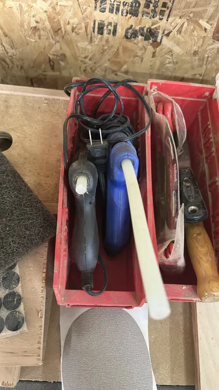 Assorted shop tools and supplies lot. Includes 2 electric hot glue guns, an Eklind 8-piece hex T-key set (No. 53168), Hyde scrapers, Mohawk burn-in st