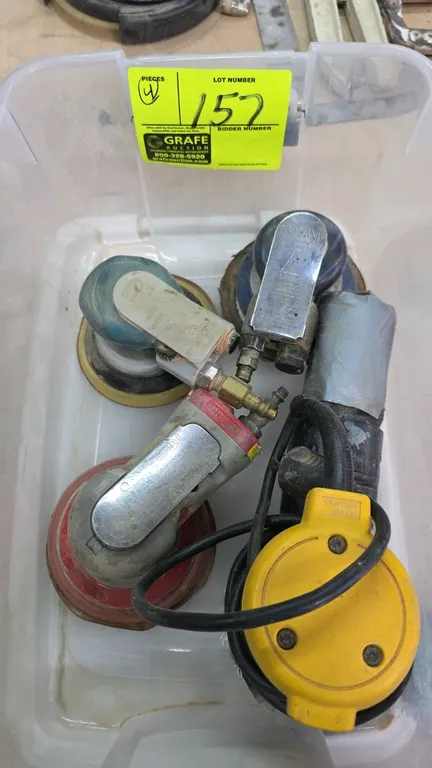 Assorted sanders with plastic storage tote. Includes (1) electric orbital palm sander and (3) pneumatic orbital palm sanders with quick-connect air fi
