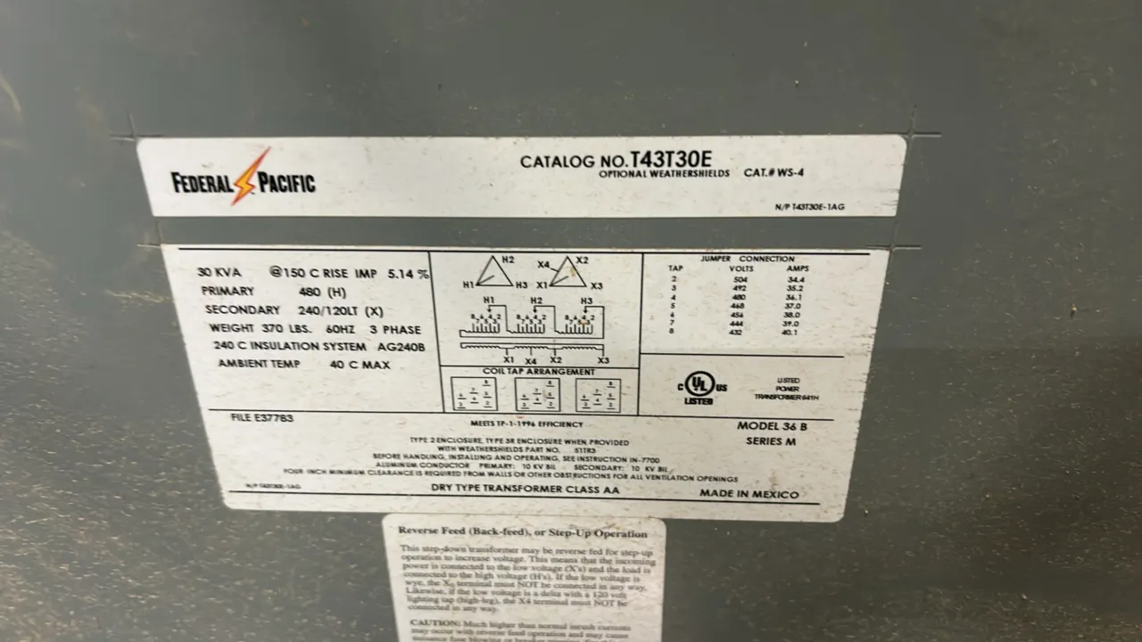 Federal Pacific T43T30E dry-type transformer. 30 kVA rating. Electrical: Primary 480V, Secondary 240/120V, 3-Phase, 60 Hz. Class AA dry-type design. I