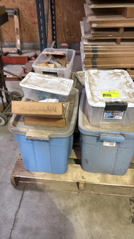 Assorted finishing and cabinet hardware lot. Includes (2) Binks 88R automatic HVLP spray heads, Binks 85-70 pressure gauges, Häfele fasteners, Hickory