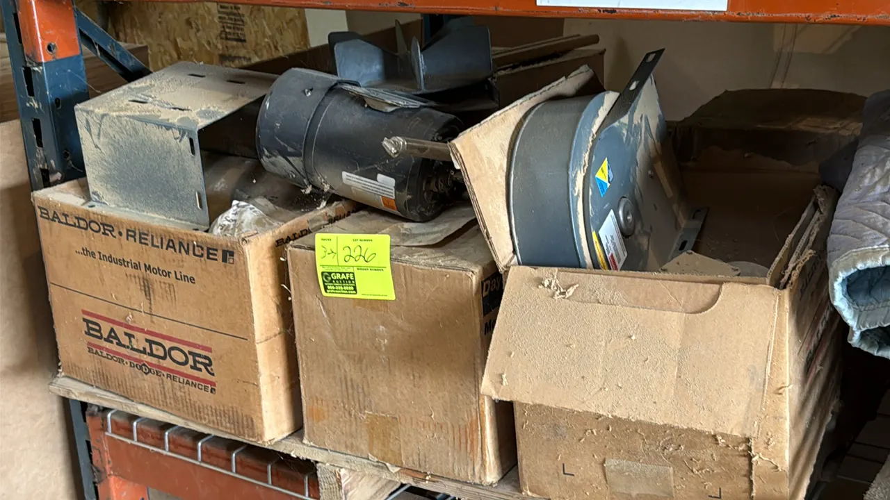 Assorted electrical parts and folding chairs lot. Includes (3) pallets containing electric motors, electrical boxes, Square D enclosures, miscellaneou