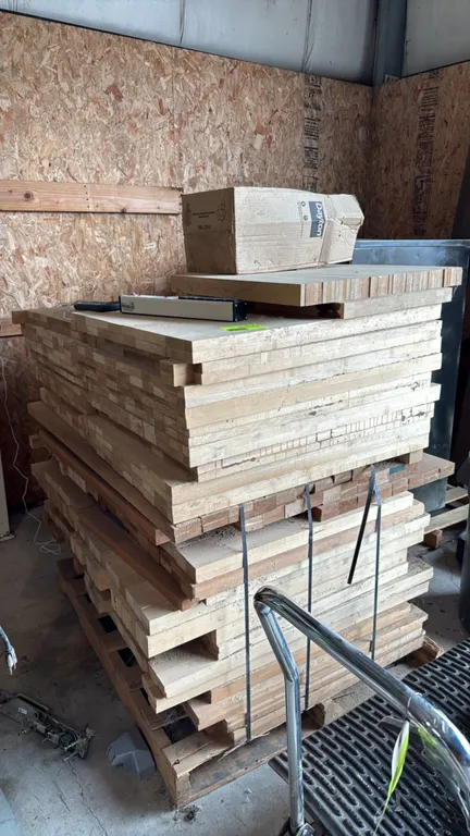 Skid of assorted edge-glued wood panels. Features laminated butcher block style construction in assorted sizes. Approx. 48" x 42" x 45" overall pallet