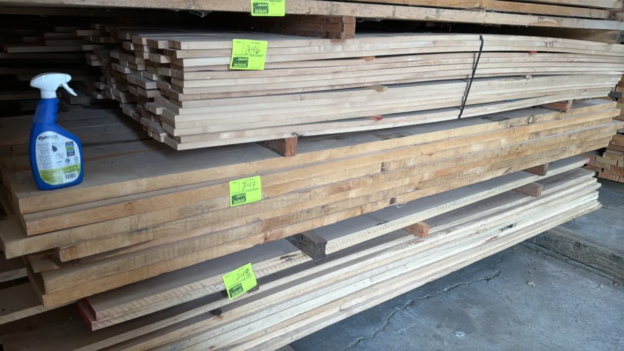 Skid of assorted wood boards. Rough cut lumber with 1 1/2" thickness. Dimensions: approximately 10' x 3'4" x 1'H.