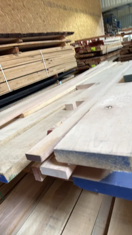 Skid of assorted wood boards. Features lumber in assorted thicknesses and lengths. Dimensions: Approx. 10' x 3' x 2'7"H.