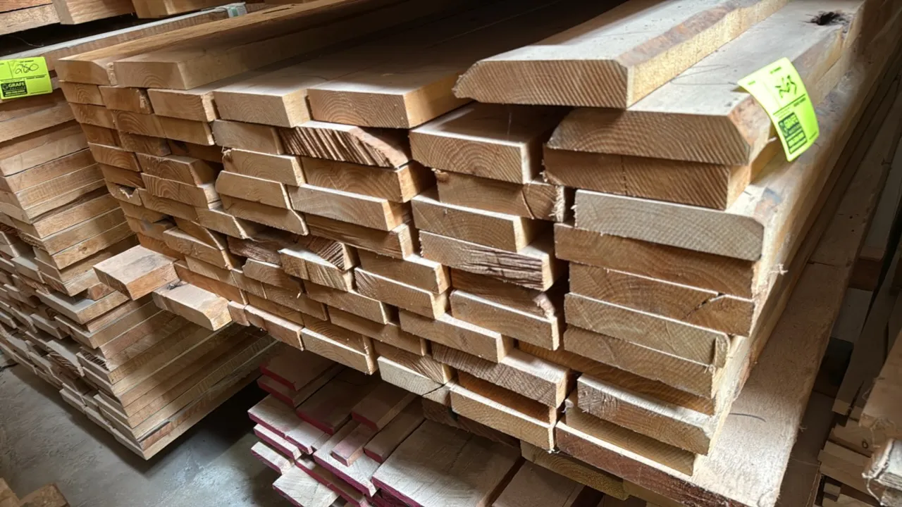 Skid of assorted wood boards. Features assorted thicknesses and cuts. Dimensions: approximately 10' x 3'10" x 1'8"H.