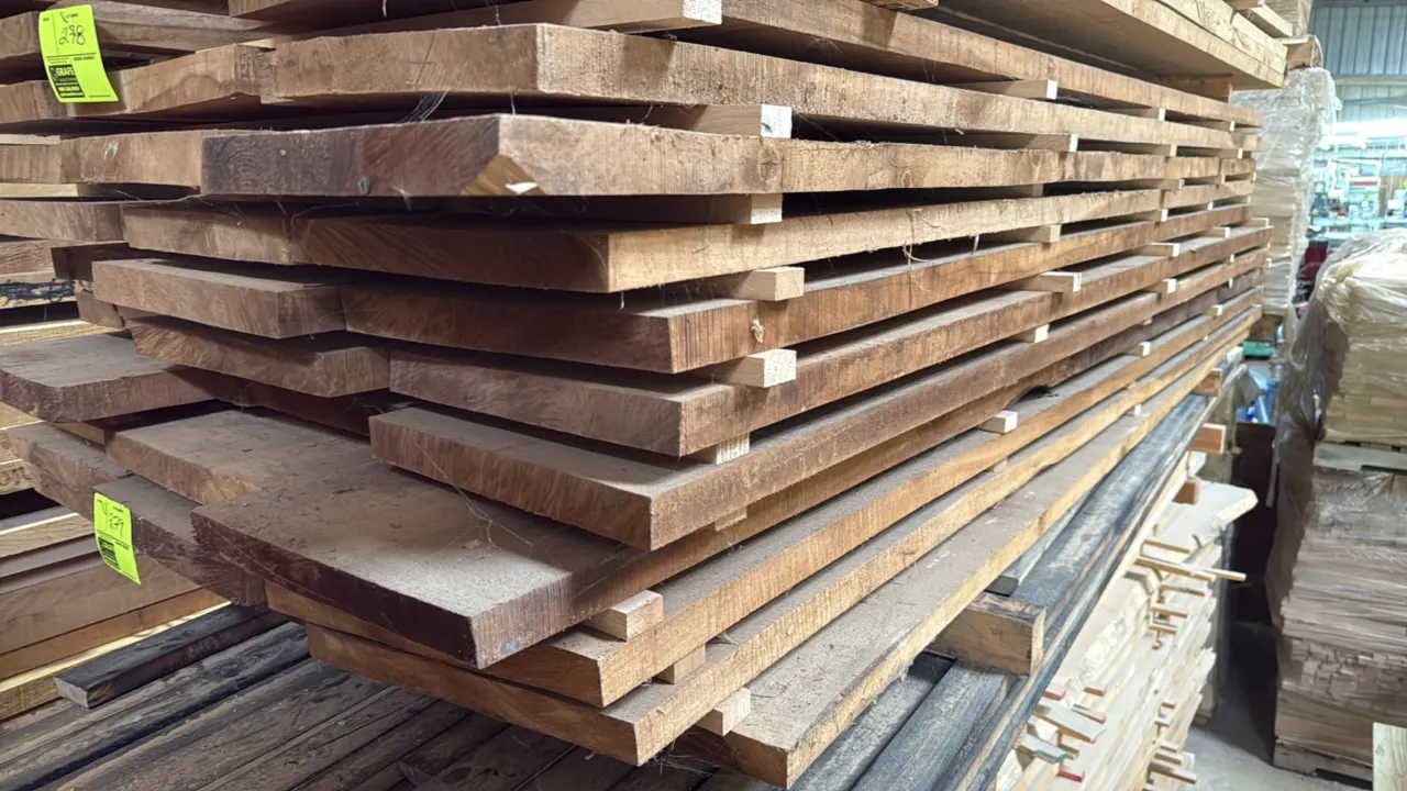 Skid of assorted wood boards. Features stacked rough-cut boards in assorted thicknesses separated by stickers. Approximately 9' x 3' x 1'10"H.