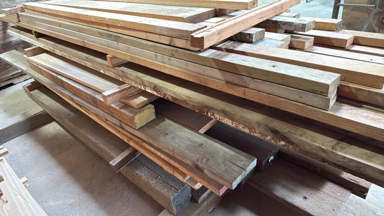 Lot of assorted lumber and wood boards. Features various lengths, dimensions, and cuts of dimensional timber and wood planks.