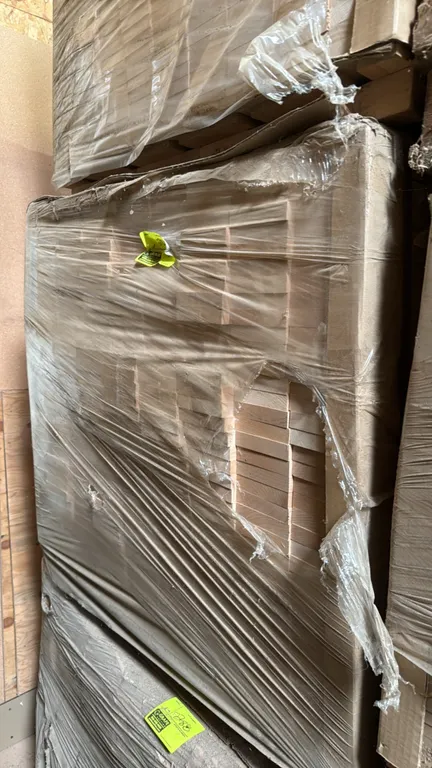 Pallet of hardwood lumber boards. Individual board dimensions: 4.5"W x 1" thick. Overall pallet dimensions: 40"W x 40"D x 36"H.