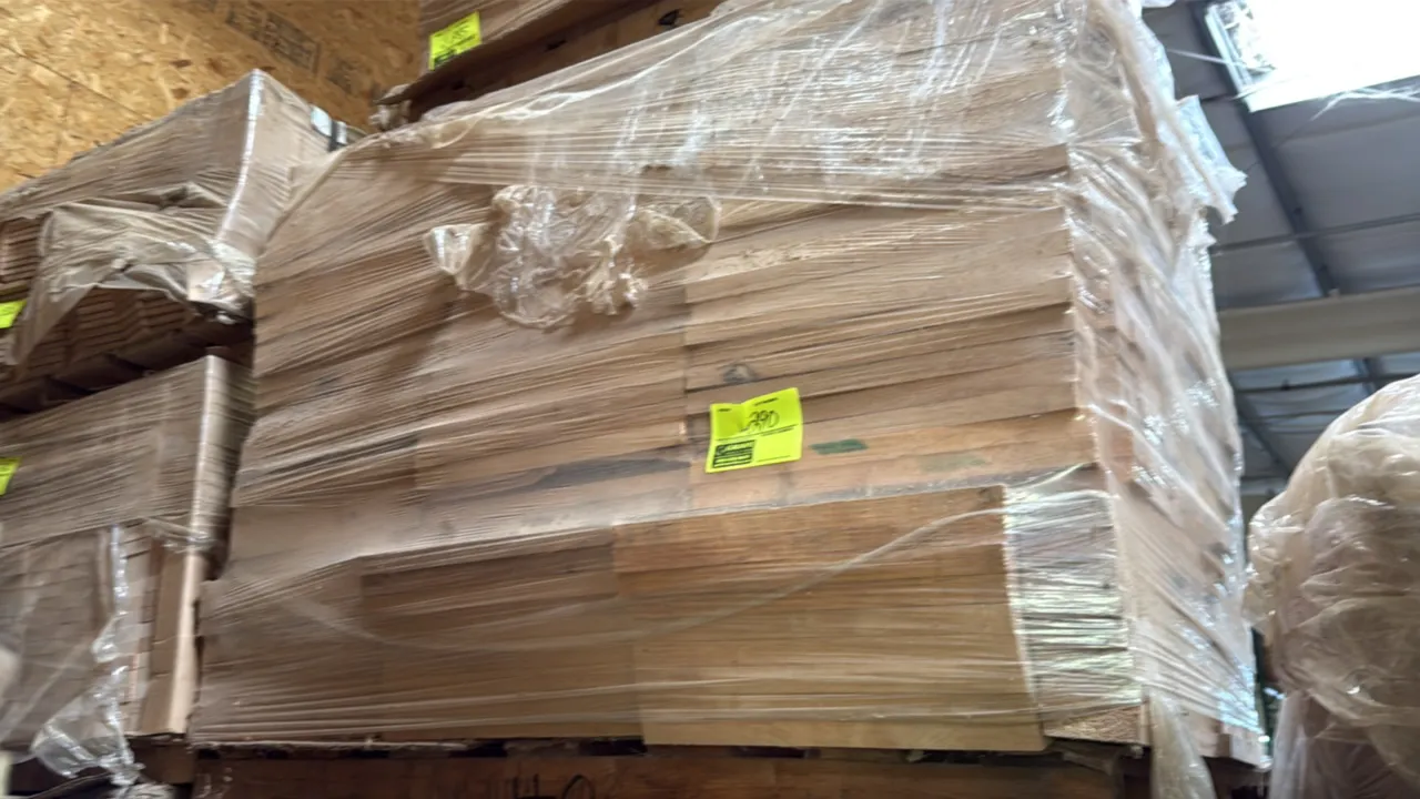 Skid of Alder cut stock lumber. Shrink-wrapped stack on wooden pallet. 47" x 44" x 36".