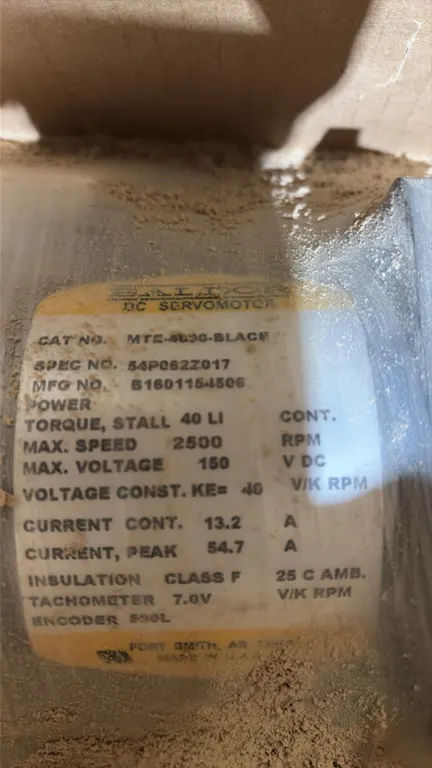 Baldor MTE-4050-BLACE DC servomotor. Features 2500 max RPM, 40 lb-in continuous stall torque, 13.2A continuous current, and 54.7A peak current. Electr