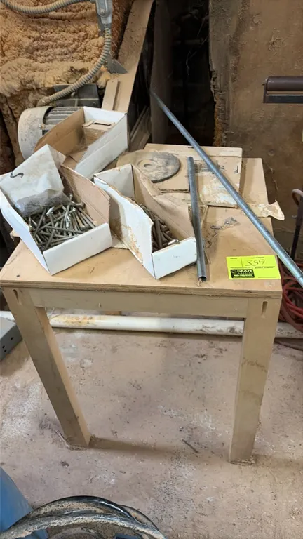 Wood utility table. Includes assorted screws, bolts, and hardware fasteners. 24" x 24".