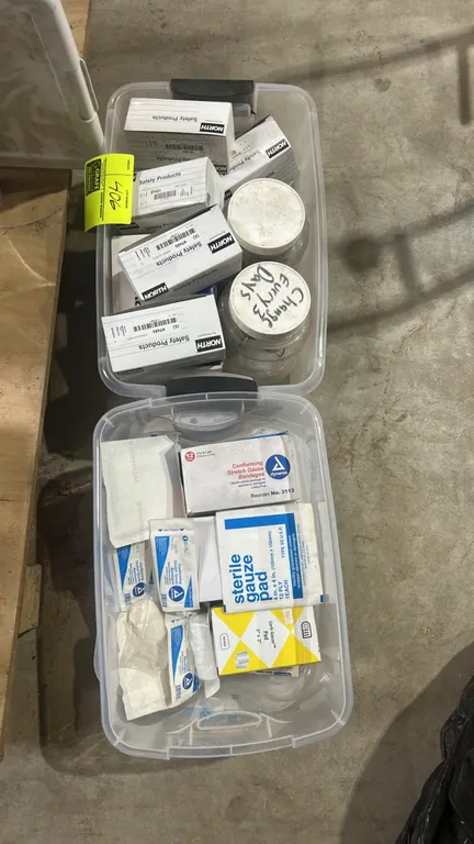 Package lot including Fujitsu ScanSnap S1500 automatic document scanner, assorted medical and first aid supplies, disposable emergency blankets, chemi