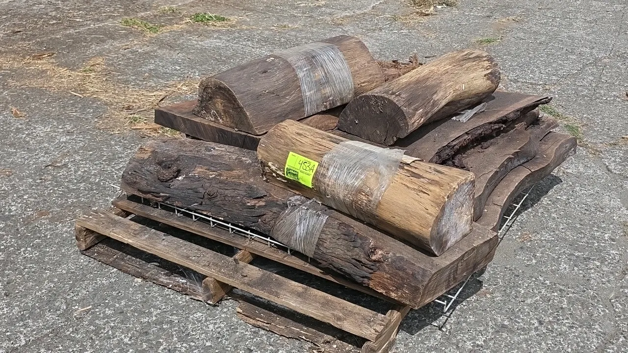Assorted live edge hardwood cuts and slabs. Includes a variety of logs, blocks, and thick cut slabs. Dimensions: 24"L, 33"L, and 42"L x 3" to 7" thick
