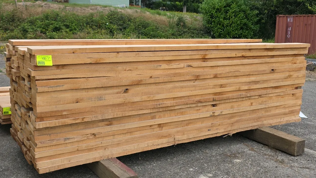 Stack of Pacific Northwest Alder lumber. Grade: Common. Thickness: 6/4 (1-1/2"). Dimensions: Approx. 10'L. Total footage: 1,458 board feet per mill ta