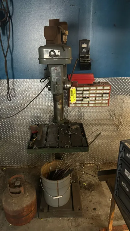 Orbit OR-2501F 12-speed industrial floor drill press. Features 3/4" chuck capacity, MT#3 spindle, slotted work table, and includes a multi-drawer orga