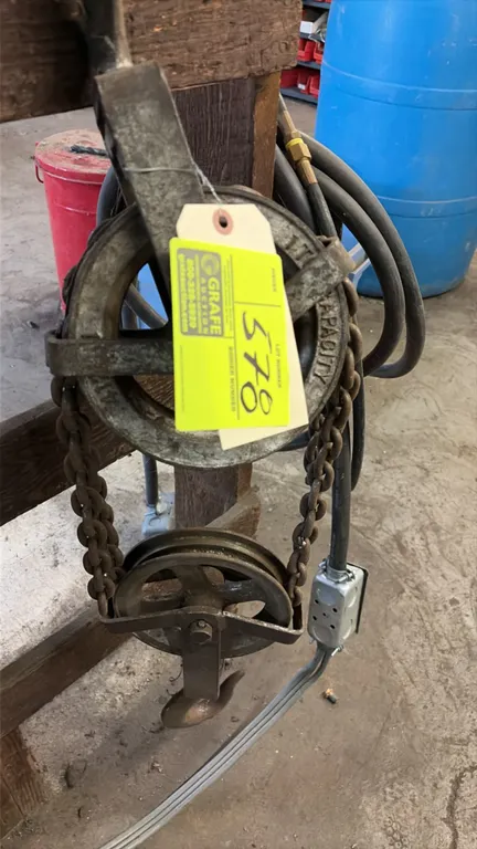 Manual chain hoist. Features cast frame, top swivel mounting hook, lower pulley block with hook, and load chain.