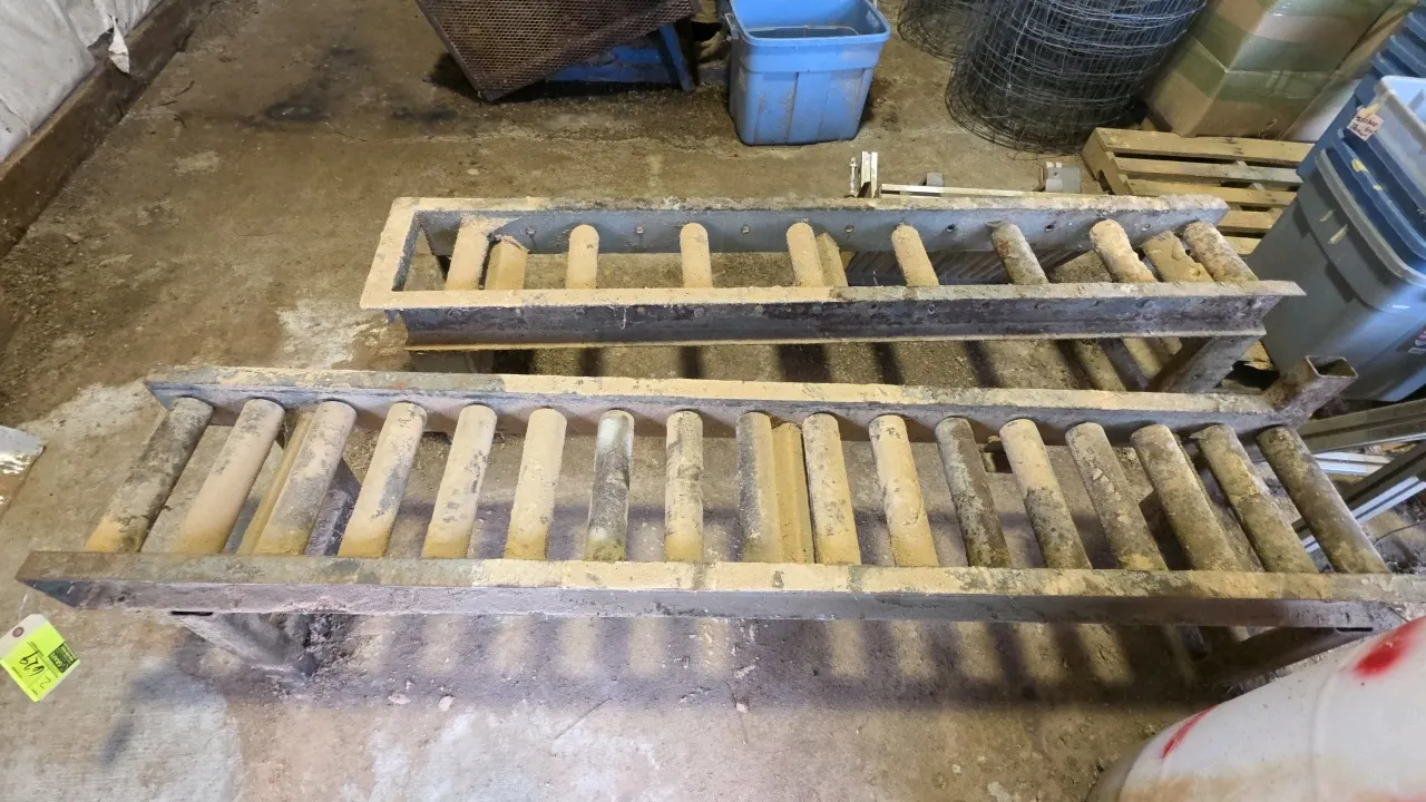 Roller conveyor tables. Features steel channel frame construction with integrated steel rollers. Dimensions: 80"L and 84"L with 9" and 12" roller widt