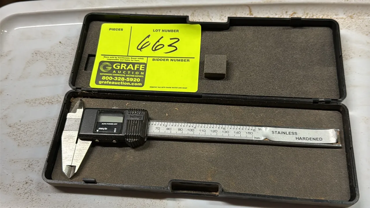 Digital caliper. Features hardened stainless steel construction, digital LCD readout, inch/metric conversion, and a measuring range of 0 to 6" (0 to 1