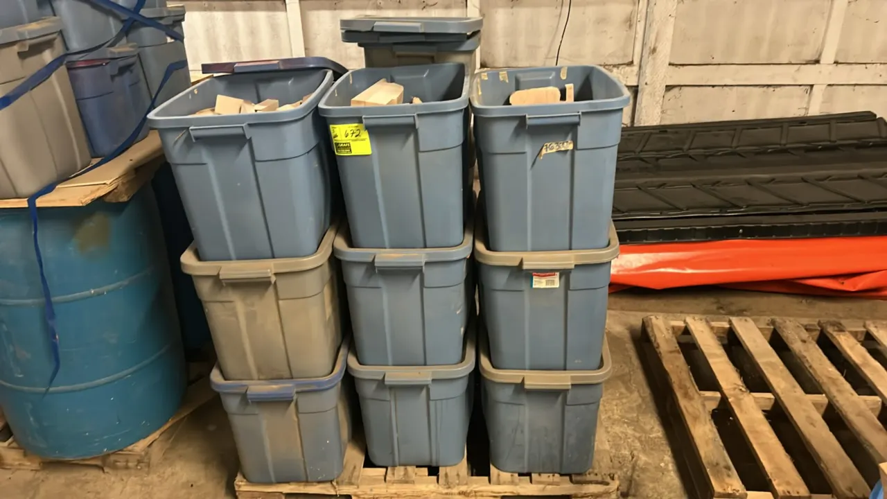 Pallets of assorted hardwood cutoffs and blocks stored in plastic totes. Features mixed dimensions and profiles of hardwood lumber remnants. Stored in