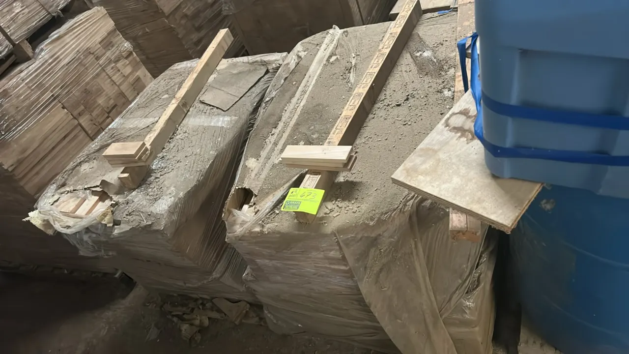 Pallets of assorted hardwood lumber. Features shrink-wrapped and banded stacks of dimensional hardwood and tongue-and-groove pieces. Note: Blue plasti