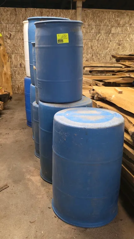 Polyethylene storage barrels. Features molded poly construction in assorted blue and white styles.