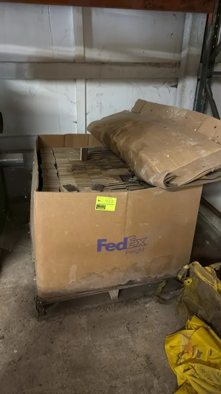 Gaylord pallet of wood cut blanks. Blanks measure 2" x 4" x 1". Contained in a bulk cardboard Gaylord container on a wooden pallet.
