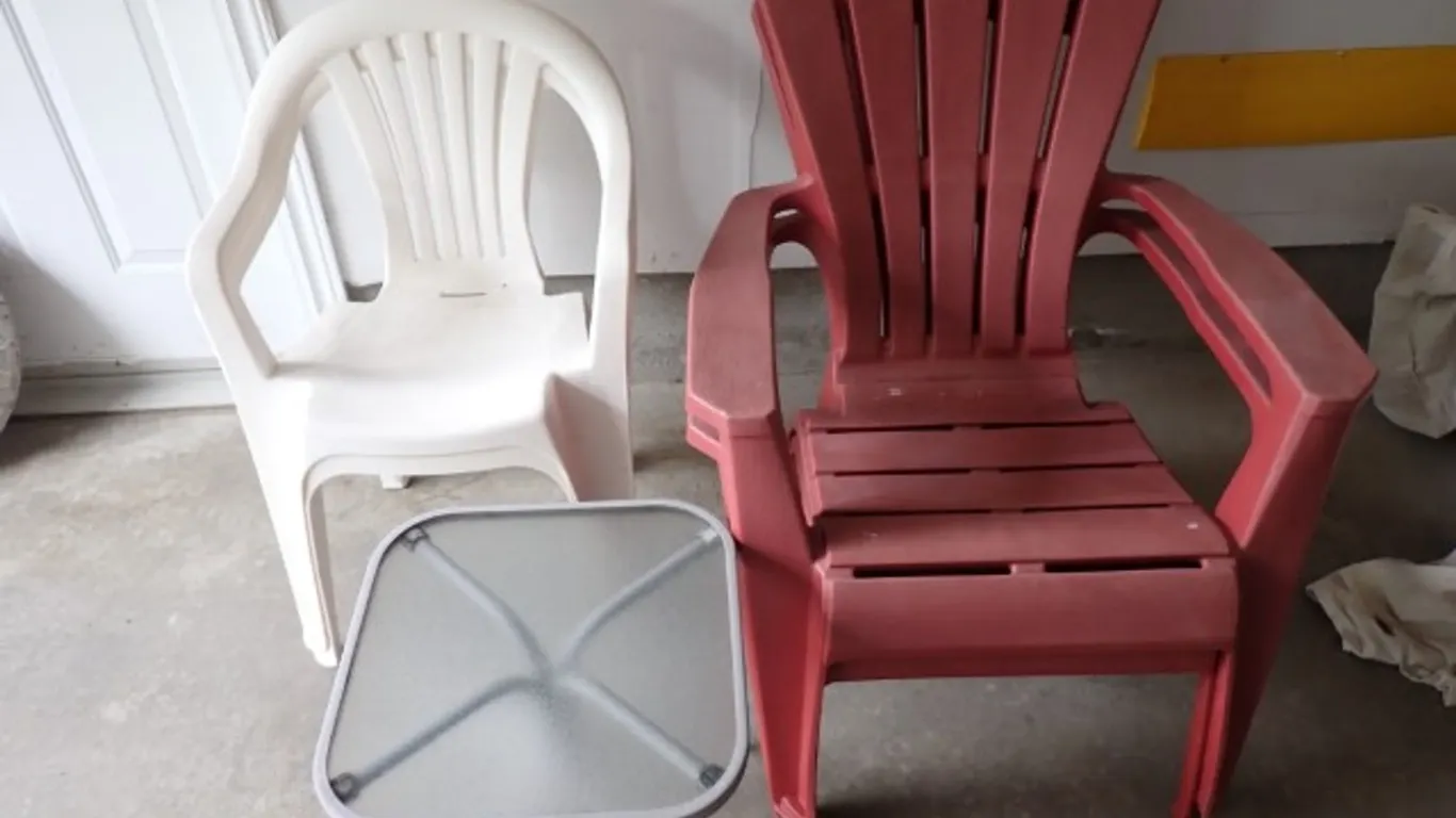 Molded Plastic Adirondack Chairs & Patio Side Table