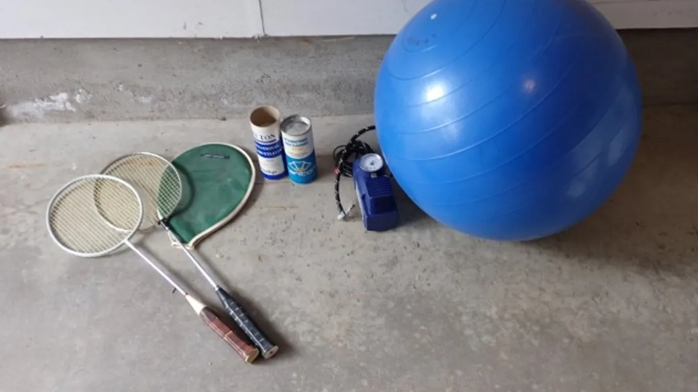 Exercise Ball, Badminton Rackets & 12V Air Compressor