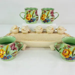 Mackenzie-Childs Green Flower Market Mugs & Ceramic Bird Tray