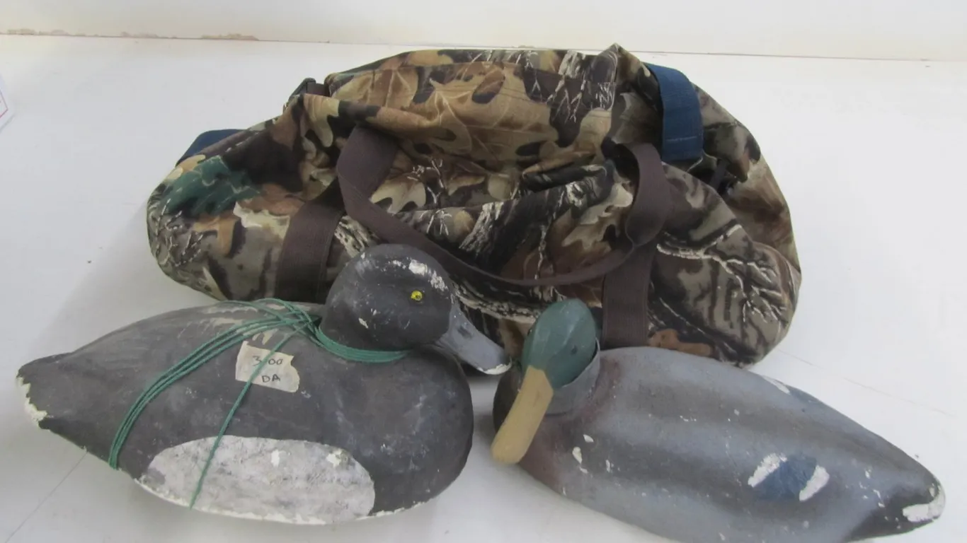 (2) Duck Decoys, Turkey Decoy, And Mad Dog Duffle Bag