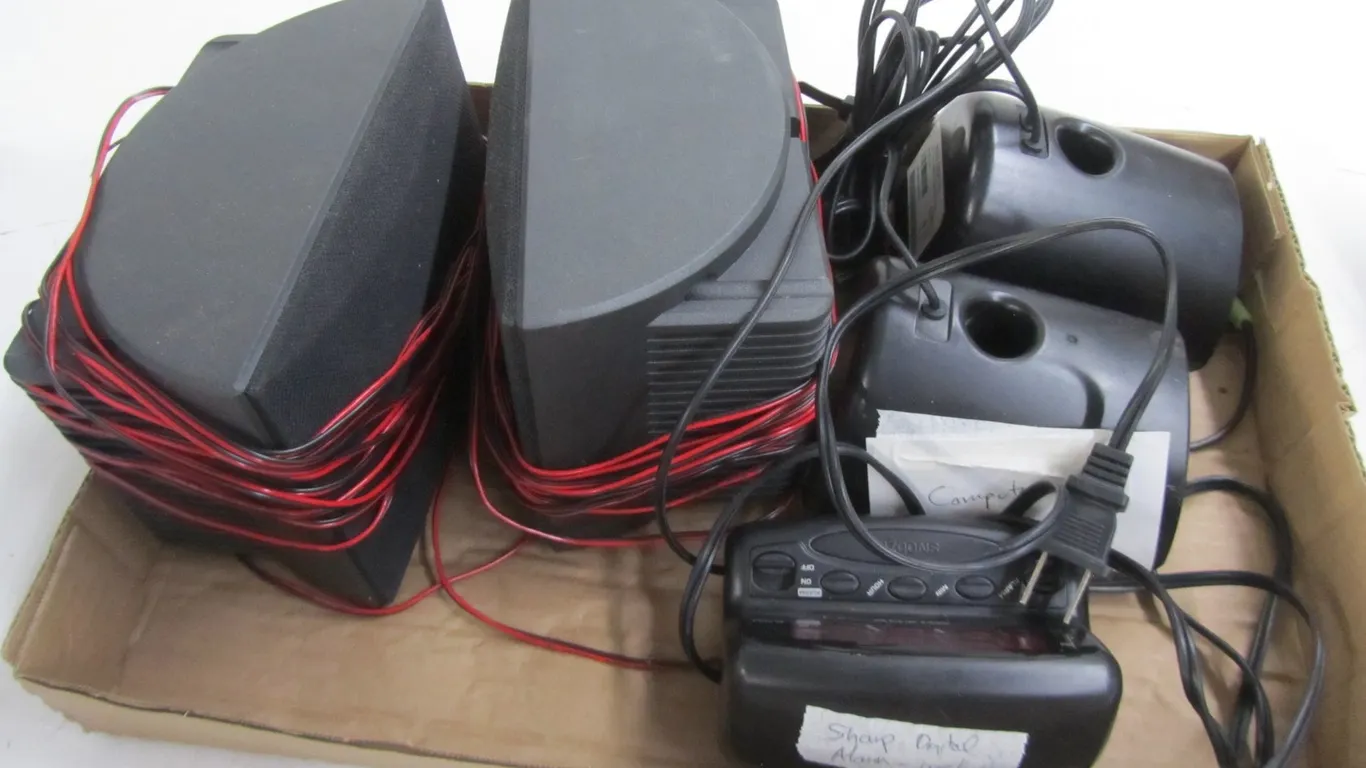Pair Of Computer Speakers, Sharp Digital Alarm Clock, And (2) RCA Speakers