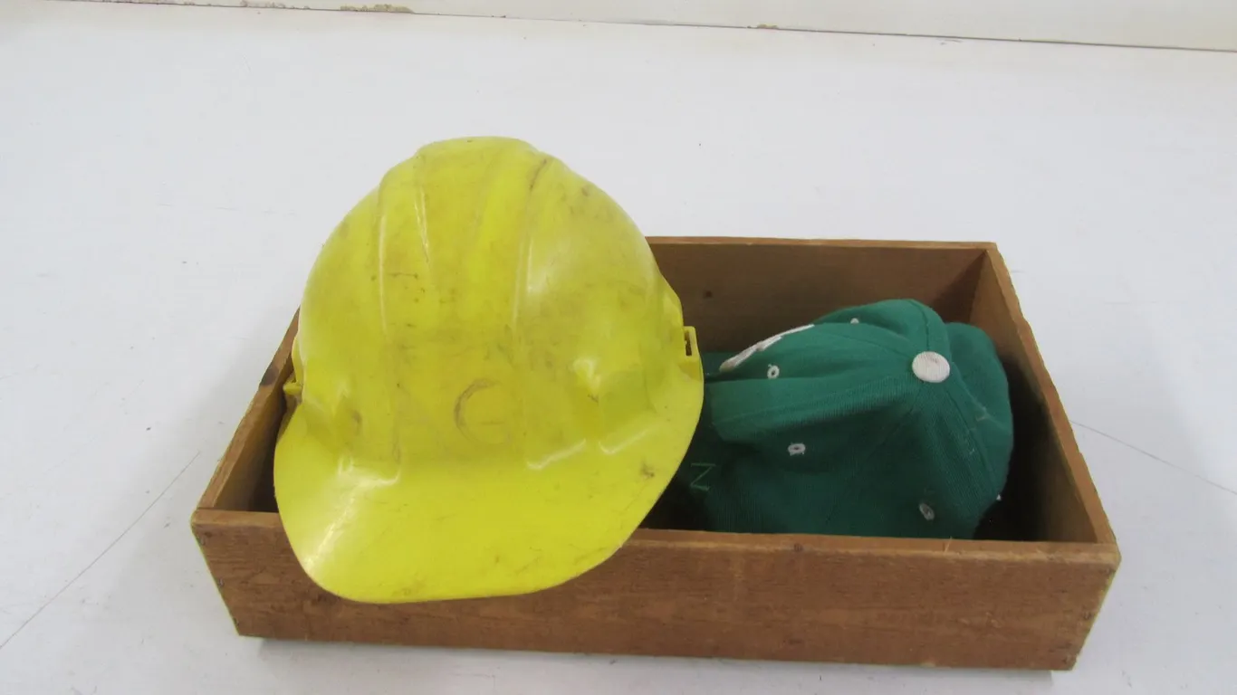 North Dakota Fighting Sioux, Hard Hat, And Wood Crate