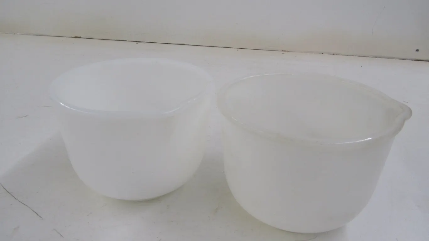 (2) Glasbake For Sunbeam Milk Glass Mixing Bowls