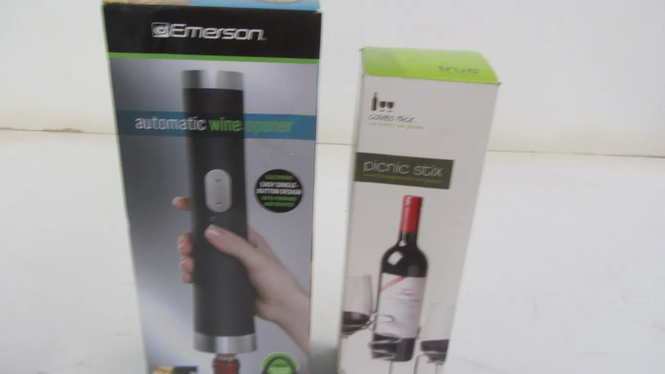 Emerson Automatic Wine Opener And Picnic Stix Wine/Champagne Bottle And Glass Holder Set