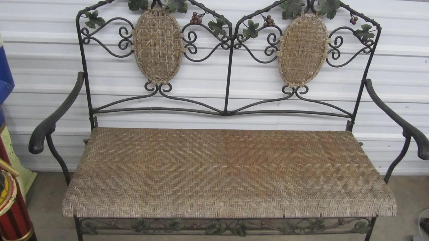 Decorative Wrought Iron And Wicker Bench