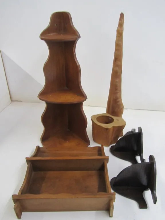 (3) Wood Trinket Shelves And (1) Wood Candleholder