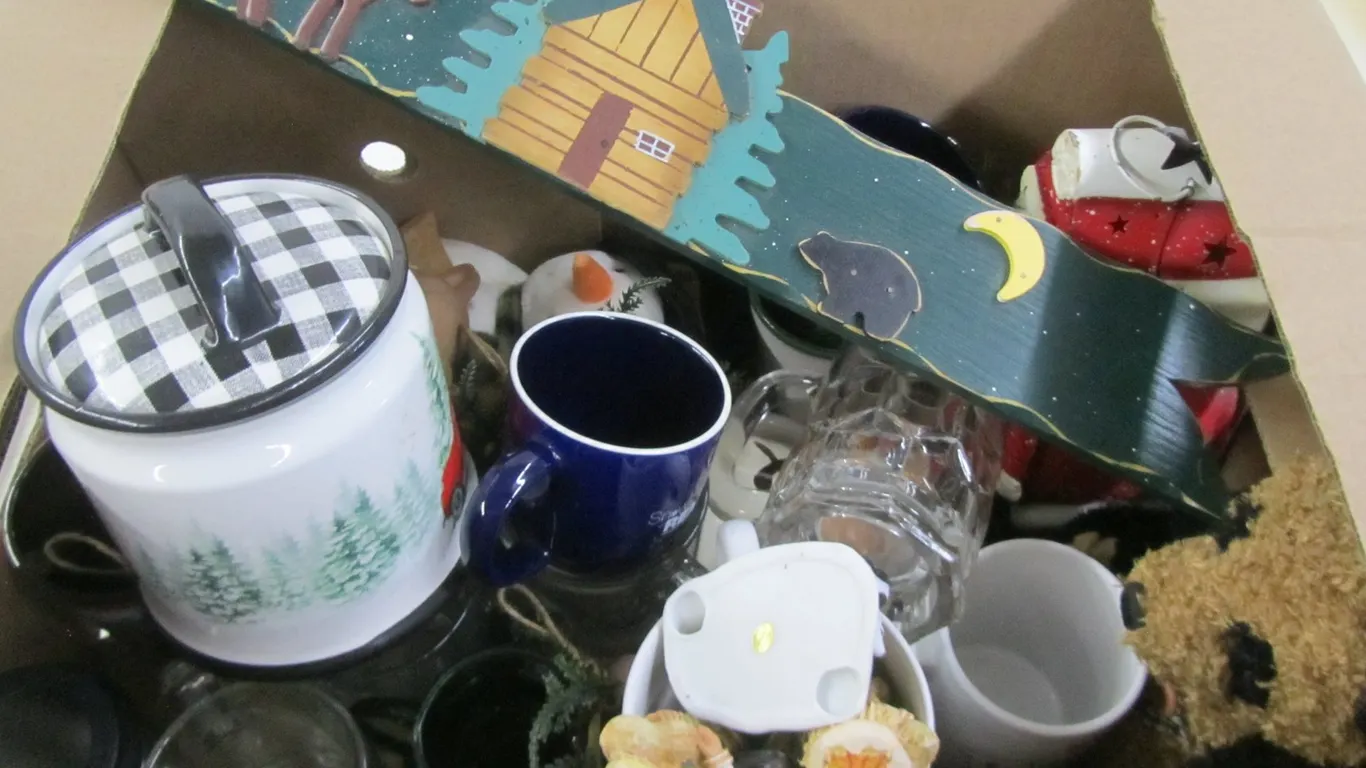 Box Of Assorted Coffee Cups, Drinking Glasses, And Home Furnishings