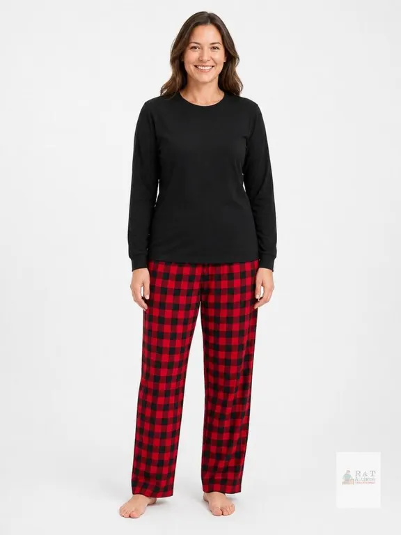 New Size MED Women’s 2-Piece Plaid Pajama Set, –All Black Top & Red plaid bottoms