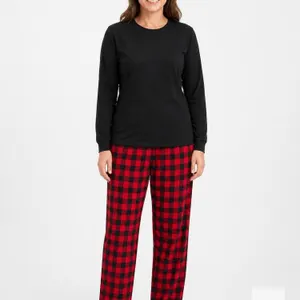 New  Size MED Women’s 2-Piece Plaid Pajama Set, –All Black Top & Red plaid bottoms