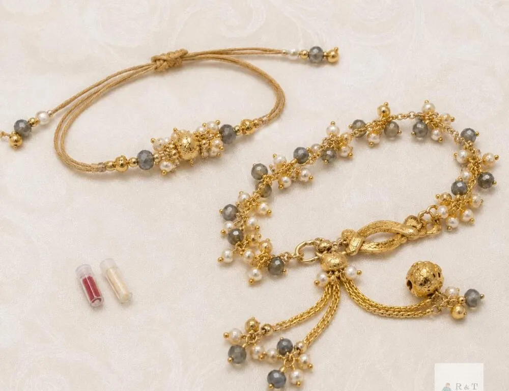 NEW Bhaiya Bhabhi Rakhi & Lumba Bracelet Set with Kumkum and Rice